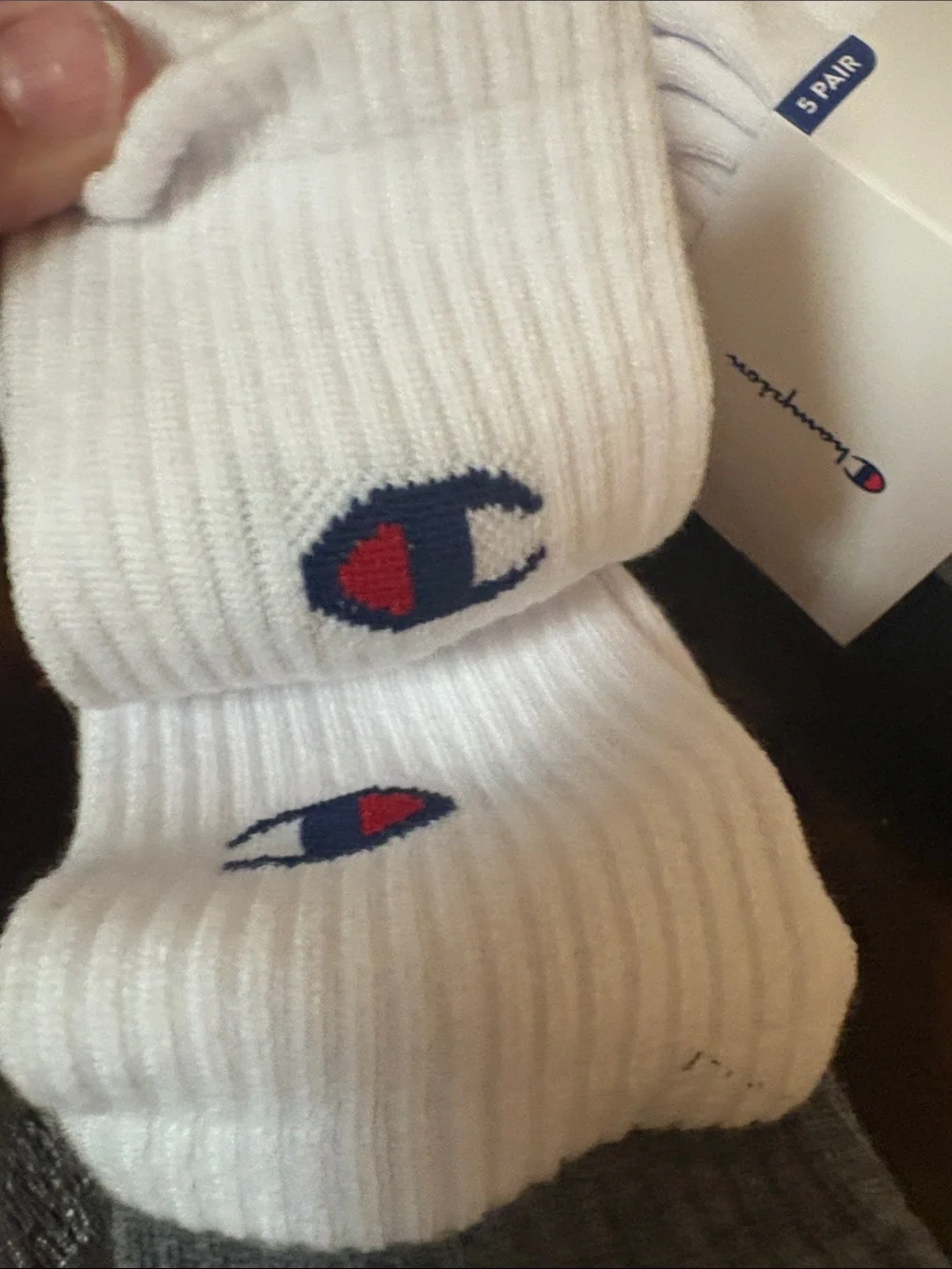 Champion Men's White,Gray & Black Crew Socks Navy & Red Logo 2 Packs of 5 Pairs.